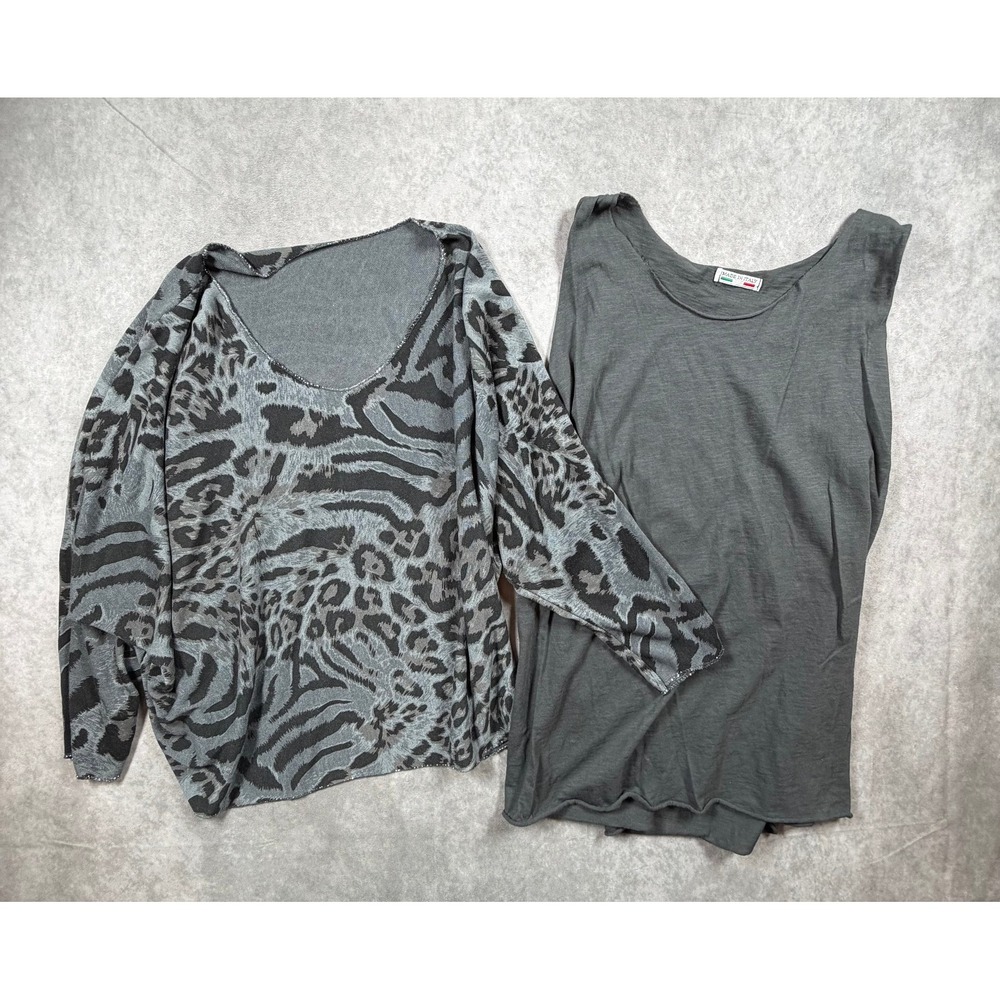 Made in Italy Womens 2 Piece Layered Tunic Top Gray Black Animal Print Boho